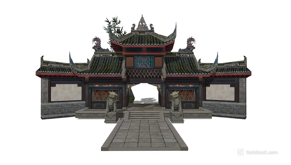 Traditional Chinese Building Exterior Wall With Ornate Eaves Stone Lions And Tile Roof 3d model 