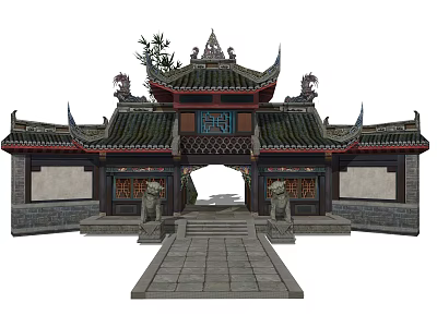 Traditional Chinese Building Exterior Wall With Ornate Eaves Stone Lions And Tile Roof 3d model