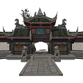 Traditional Chinese Building Exterior Wall With Ornate Eaves Stone Lions And Tile Roof