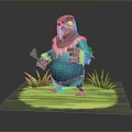 Cartoon Parrot With Blue Feathers Red Hat And White Scarf Holding Axe On Green Grass