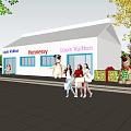 White Storefront With Hennessy Louis Vuitton Logos Cartoon Figures Women Walking Near Gift Boxes