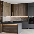 Modern Kitchen Interior With Dark Wooden Cabinets Island Sink Oven And Ambient Lighting