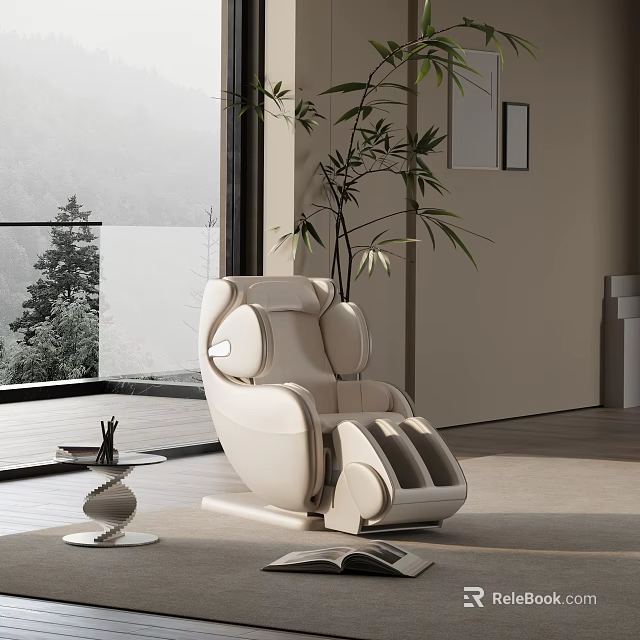 Modern Beige Massage Recliner Chair in Elegant Indoor with Floor to Ceiling Window and Greenery 3d model 