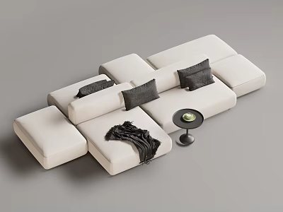 Modular Cream Sectional Sofa With Black Cushions Blanket And Small Round Table 3d model