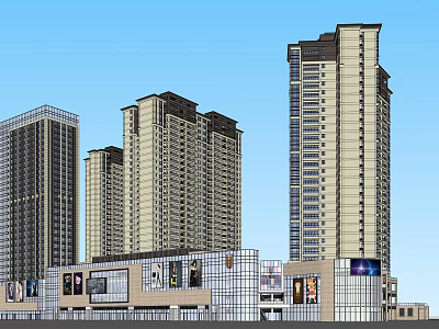 Modern High Rise Residential Buildings With Commercial Base And Glass Facade 3d model
