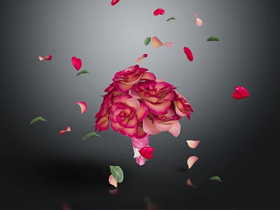 Pink and Red Roses Bouquet with Falling Petals and Green Leaves on Dark Background 3d model