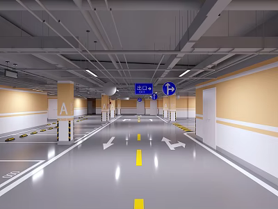 Spacious Indoor Parking Garage with Yellow Center Lines White Arrows and Blue Directional Signs 3d model
