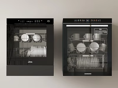 Modern Black Kitchen Dishwashers With Plates Cups And Interior View 3d model