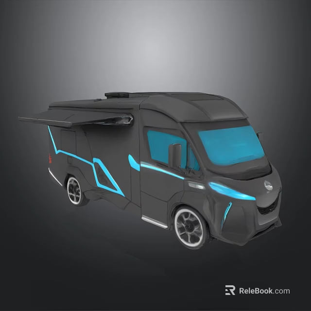 Futuristic Black RV With Blue LED Accent Lines And Extended Side Design 3d model 