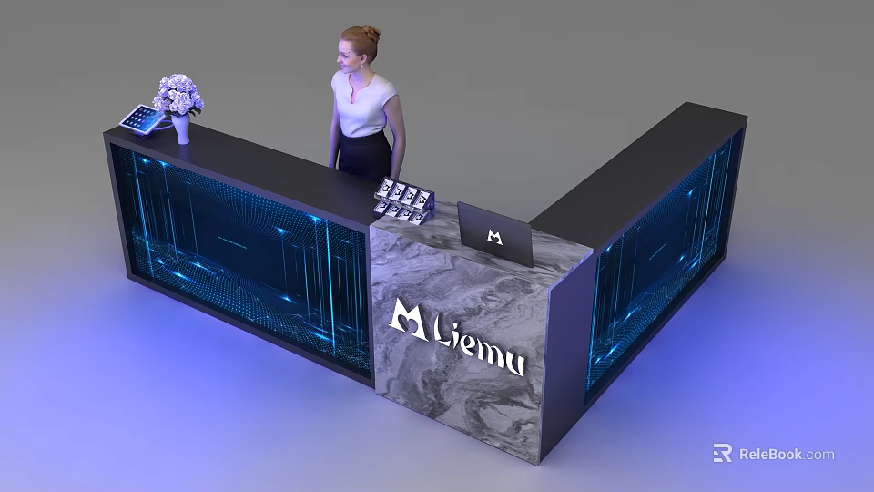 Modern Reception Desk Featuring Marble Countertop Lizma Logo Flower Arrangement Tablet And Keyboard 3d model 