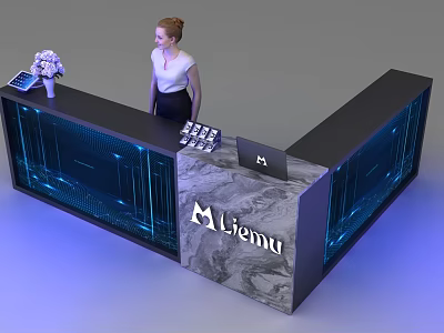 Modern Reception Desk Featuring Marble Countertop Lizma Logo Flower Arrangement Tablet And Keyboard 3d model