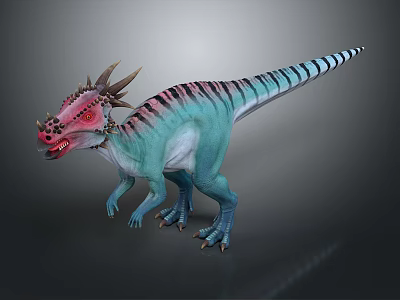Colorful 3D Rendered Dinosaur Model With Spiked Back Striped Tail And Red Head 3d model