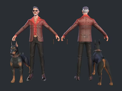 Man in Red Leather Jacket and Black Pants with Doberman Dog Front and Back Views 3d model