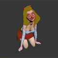 Cartoon Style Woman With Red Bow Curly Hair White Top And Red Skirt Kneeling Pose