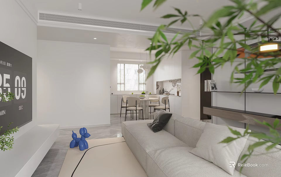 Modern Living and Dining Room Interior With Light Gray Sofa Blue Decor And Green Plants 3d model 