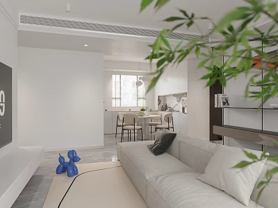 Modern Living and Dining Room Interior With Light Gray Sofa Blue Decor And Green Plants 3d model