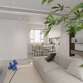 Modern Living and Dining Room Interior With Light Gray Sofa Blue Decor And Green Plants