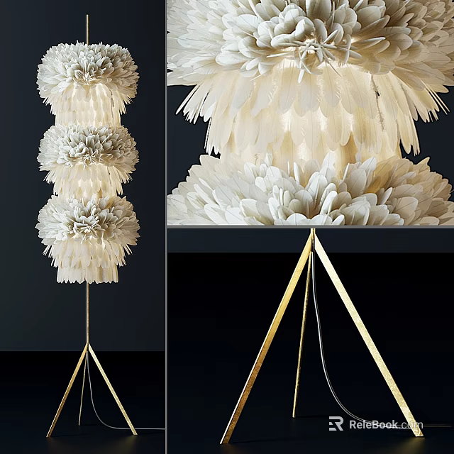 Elegant Modern Floor Lamp With Feather Shade And Golden Triangular Stand 3d model 