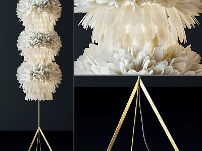 Elegant Modern Floor Lamp With Feather Shade And Golden Triangular Stand 3d model