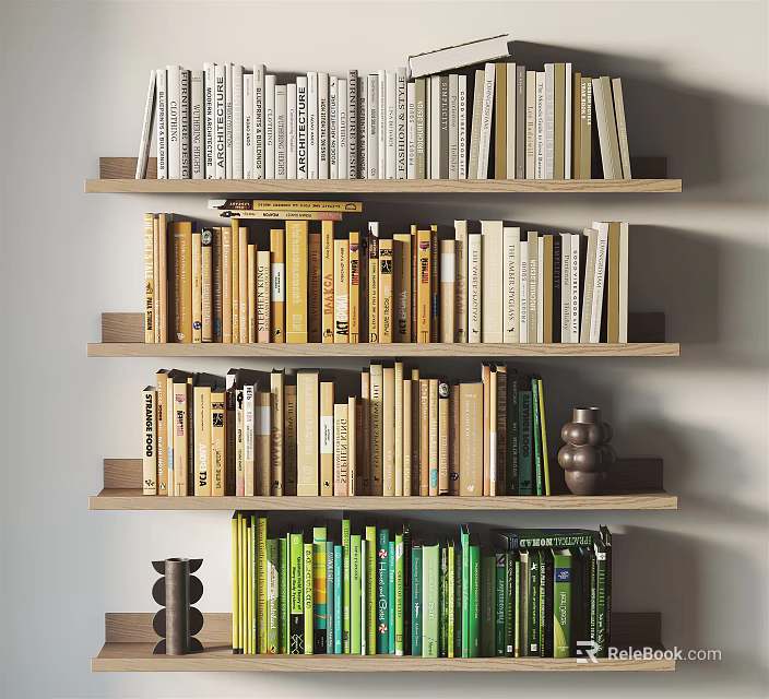 Multi Tiered Bookshelf Displaying Organized Books With Colorful Spines And Decorative Vase 3d model 