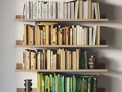 Multi Tiered Bookshelf Displaying Organized Books With Colorful Spines And Decorative Vase 3d model