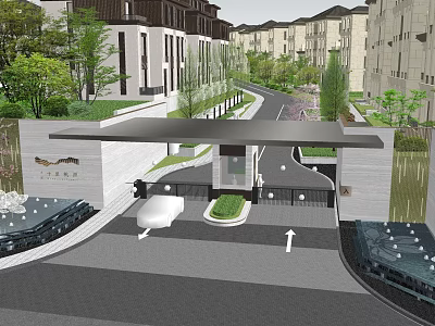 Residential Landscape Entry Featuring Curved Driveway Greenery Water Features And Canopy Covered Walkway 3d model