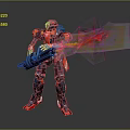 Game Movie Mecha Warrior Character In Blue Red Armor Holding Flaming Weapon
