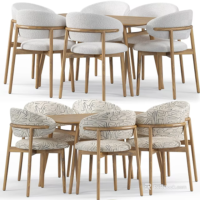 Modern Dining Table And Chair Set With Wooden Legs And Patterned Fabric Seats 3d model 