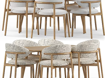 Modern Dining Table And Chair Set With Wooden Legs And Patterned Fabric Seats 3d model