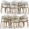 Modern Dining Table And Chair Set With Wooden Legs And Patterned Fabric Seats