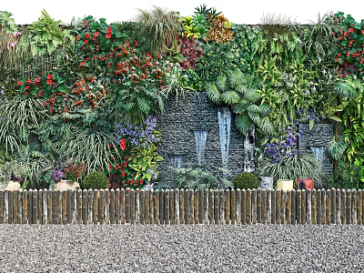 Lush Living Plant Wall With Colorful Flowers Waterfall Feature And Wooden Fence 3d model