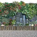 Lush Living Plant Wall With Colorful Flowers Waterfall Feature And Wooden Fence