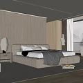 Modern Bedroom Double Bed With Vertical Striped Wall Nightstand Table Lamp And Large Window