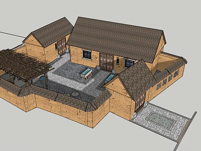 Traditional Chinese Courtyard House With Tile Roof And Stone Paved Yard Area 3d model