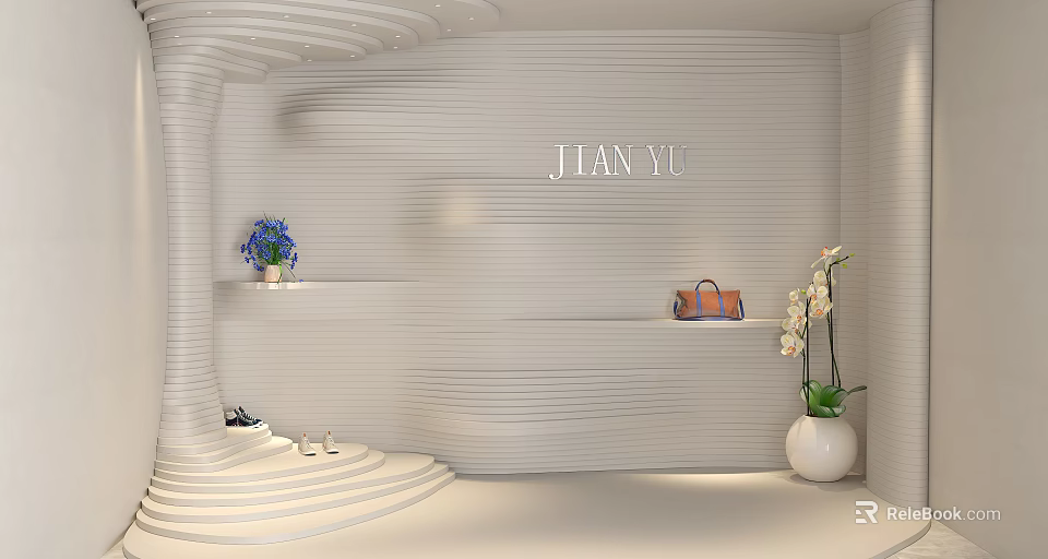 Modern Public Office Space with Wavy Wall Design and Minimalist Decor Elements 3d model 