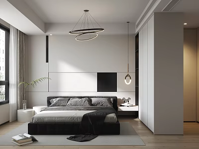 Modern Minimalist Bedroom With Large Bed Black Headboard Pendant Lights Green Plant And Wardrobe 3d model