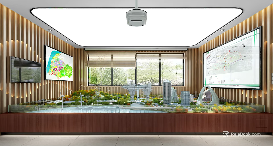 Modern Property Sales Office Interior With Sand Table Building Models Greenery And Wall Maps 3d model 
