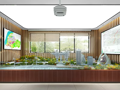 Modern Property Sales Office Interior With Sand Table Building Models Greenery And Wall Maps 3d model