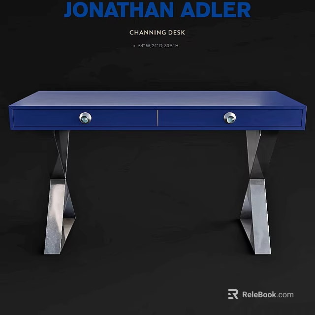 Modern Blue Dining Table With Two Drawers And Silver Metal Legs 3d model 