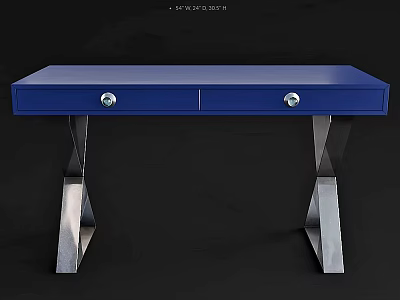 Modern Blue Dining Table With Two Drawers And Silver Metal Legs 3d model