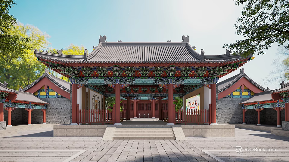 Traditional Chinese Ancient Architecture Classic Curved Roof with Colorful Painted Decorations and Stone Courtyard Entrance 3d model 