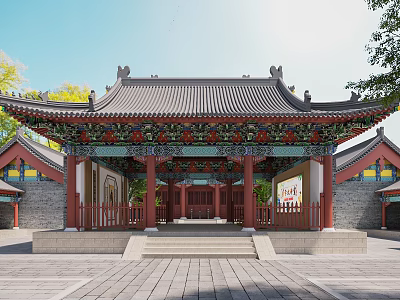 Traditional Chinese Ancient Architecture Classic Curved Roof with Colorful Painted Decorations and Stone Courtyard Entrance 3d model
