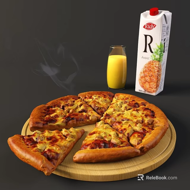 Smoky Freshly Baked Cheese Pizza With Toppings And Orange Pineapple Juice 3d model 