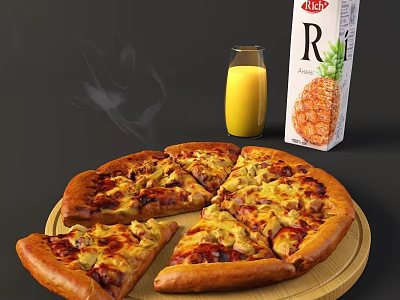 Smoky Freshly Baked Cheese Pizza With Toppings And Orange Pineapple Juice 3d model