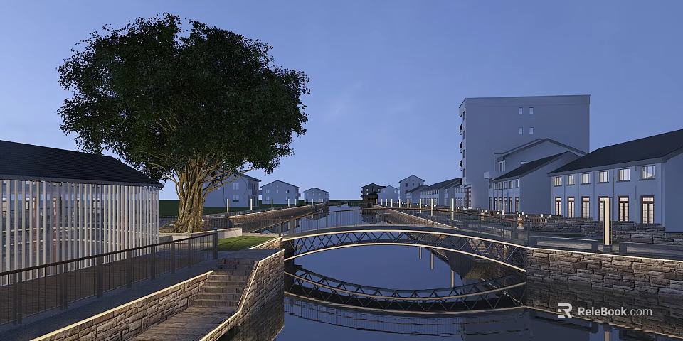 Garden Landscape Design With Canal Bridge Trees And Surrounding Houses 3d model 