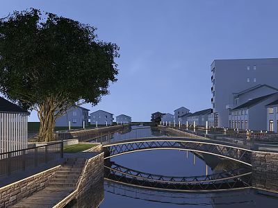 Garden Landscape Design With Canal Bridge Trees And Surrounding Houses 3d model