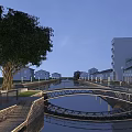 Garden Landscape Design With Canal Bridge Trees And Surrounding Houses