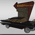 Vintage Black Classic Car Parked Near Easy Rest Inn Red Road Sign