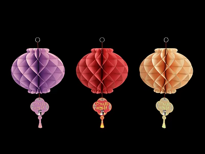 Colorful Chinese Lanterns With Purple Red Orange Folded Design And Decorative Pendants 3d model