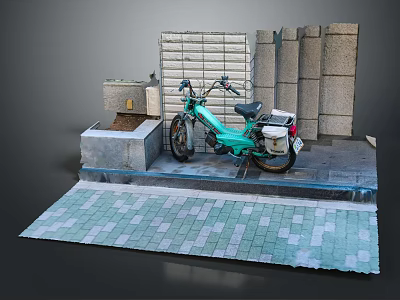 Turquoise Motorcycle Parked on Brick Pavement Near Stone Walls and Structures 3d model